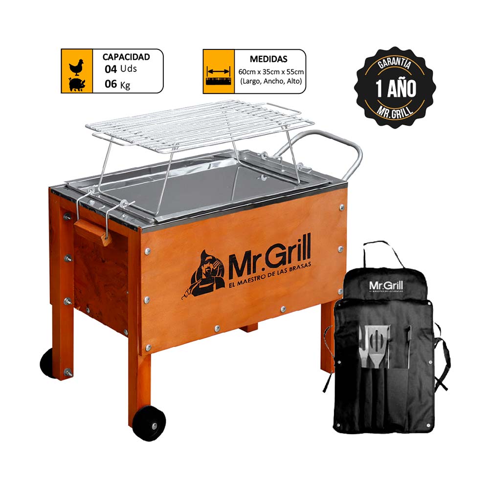 Caja China Mediana Mr. Grill Jr Acero Galvanizado + Parrilla + Mandil Parrillero Bbqx3
