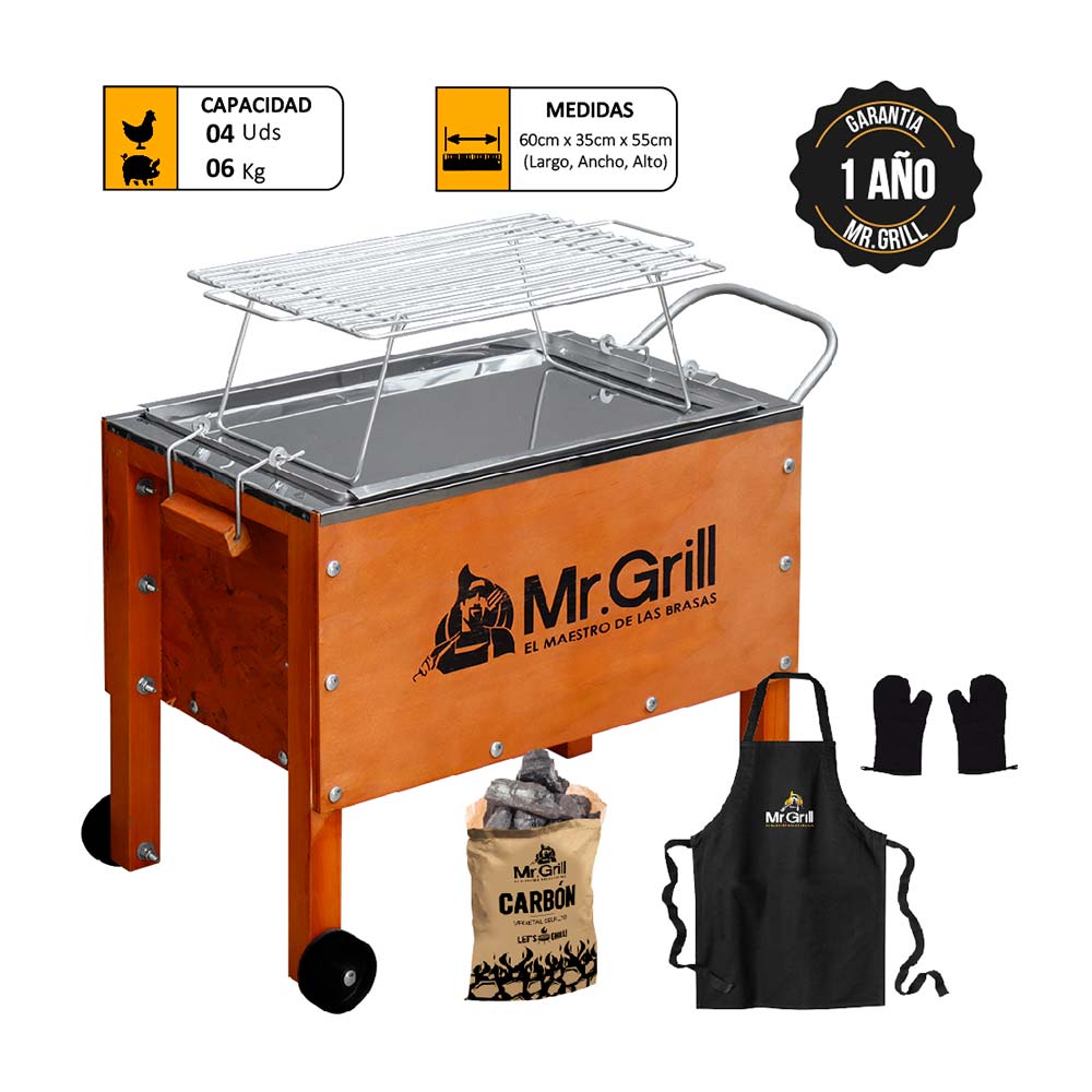 Caja China Mediana Mr. Grill Jr Acero Inox + Parrilla + Mandil + Guantes + Carbon