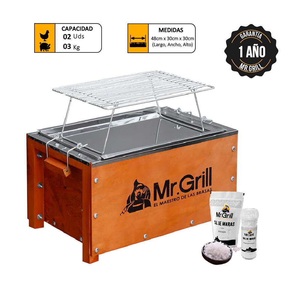 Caja China Mini Mr. Grill Acero Inox + Parrilla + Kit Sal Maras