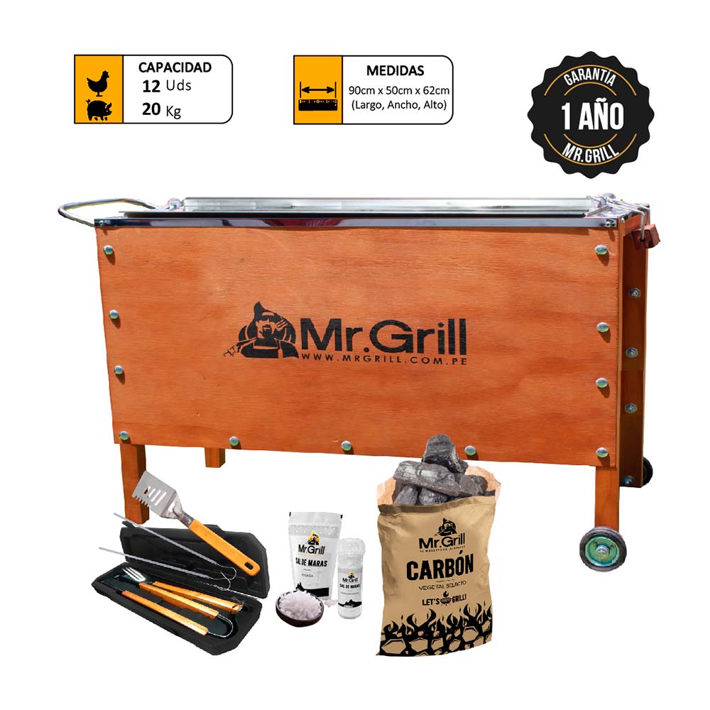 Caja China Grande Mr. Grill Premium Acero Inox + Kit Sal Maras + Carbon + Maletin Bbqx4