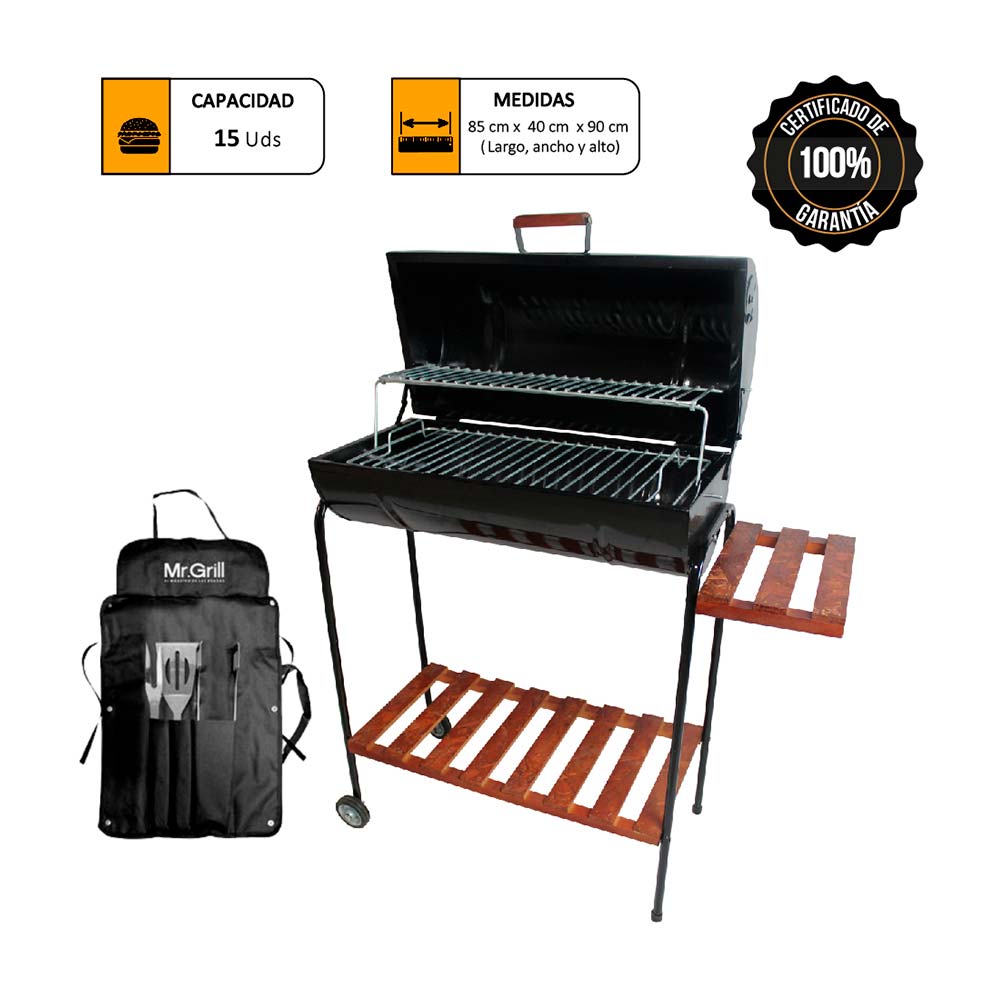 Parrilla Cilindrica Mr. Grill con Tapa Deluxe + Mandil Bbq X3