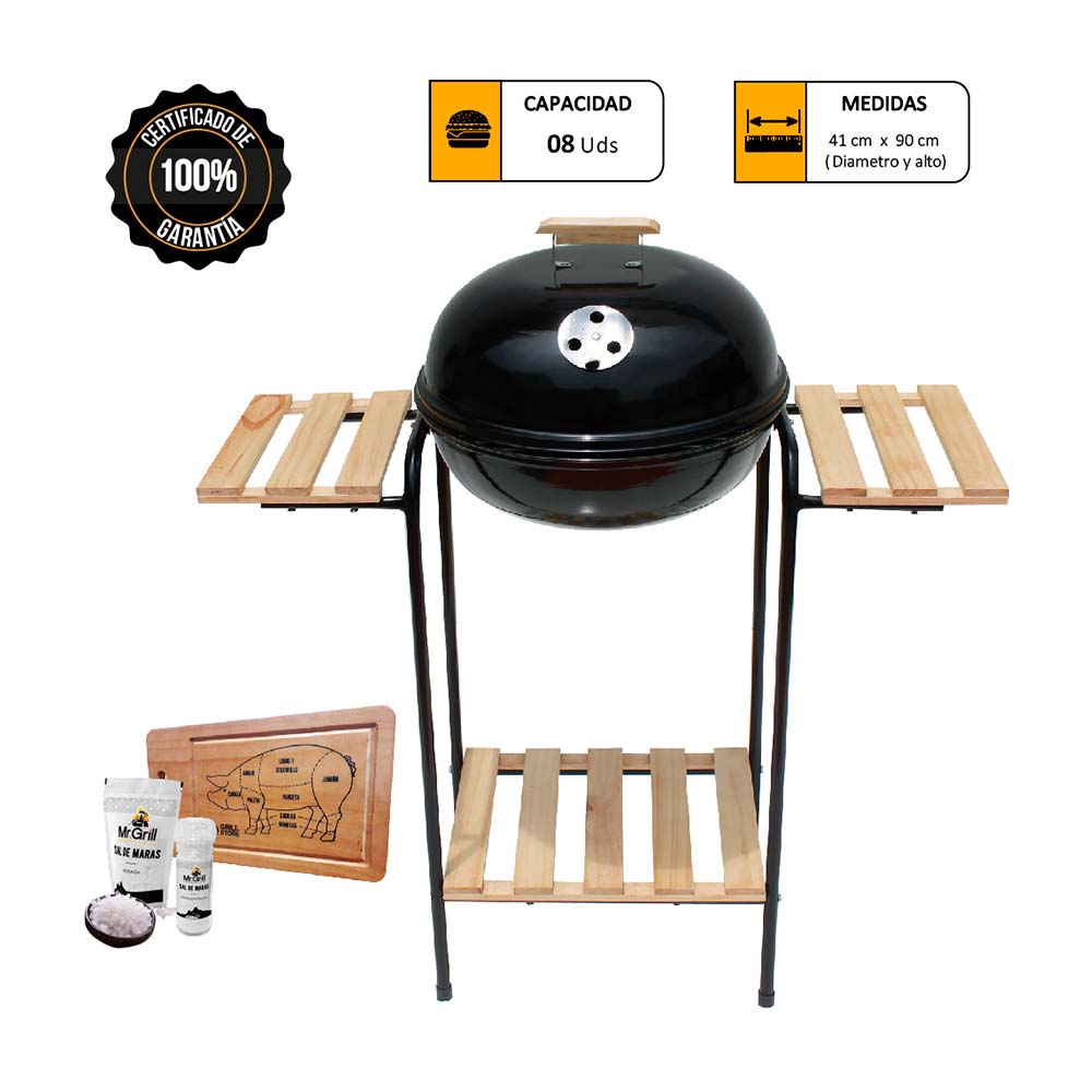 Parrilla Circular Mr. Grill con Madera + Tabla + Kit Sal Maras