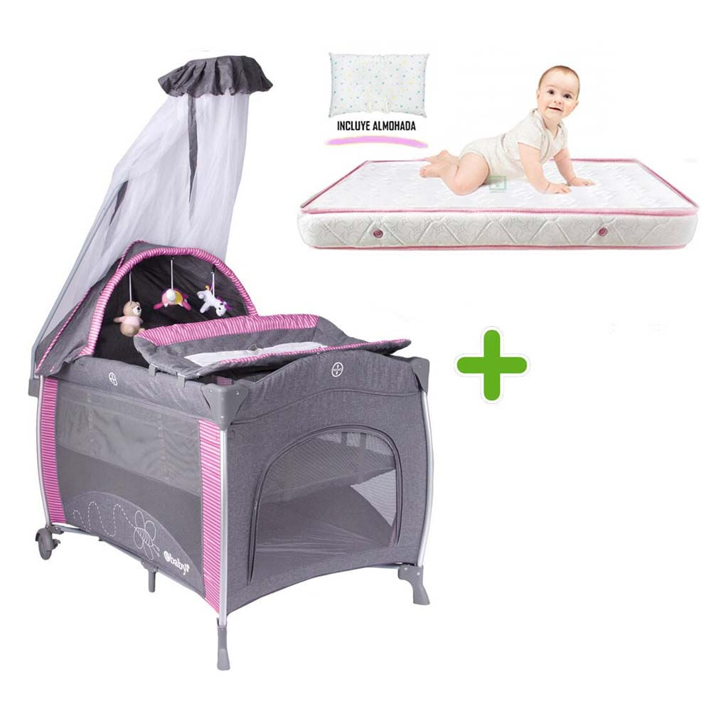 Cuna Corral Aluminio NOA 780 Rosado Ebaby + Colchón Rosado