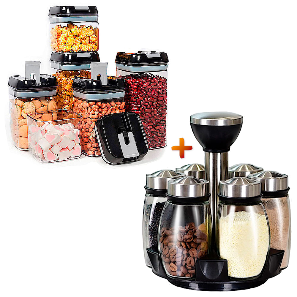 Set de 7 Frascos Envases Herméticos Táper de Cocina con Tapa Negro