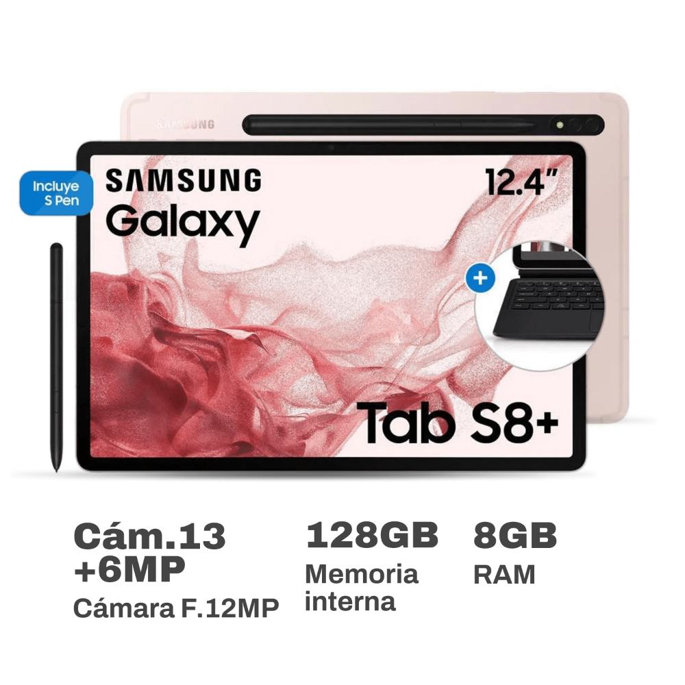 Tablet Samsung Galaxy Tab S8+ 12.4'' 8GB RAM 128GB Oro Rosa con Teclado  SM-X800NIDVPEO - Promart