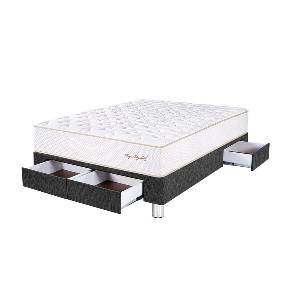 Cama Box Tarima 4 Cajones PARAISO Royal Elizabeth Gris 2 Plz +2 Almohadas Viscoelásticas + Protector