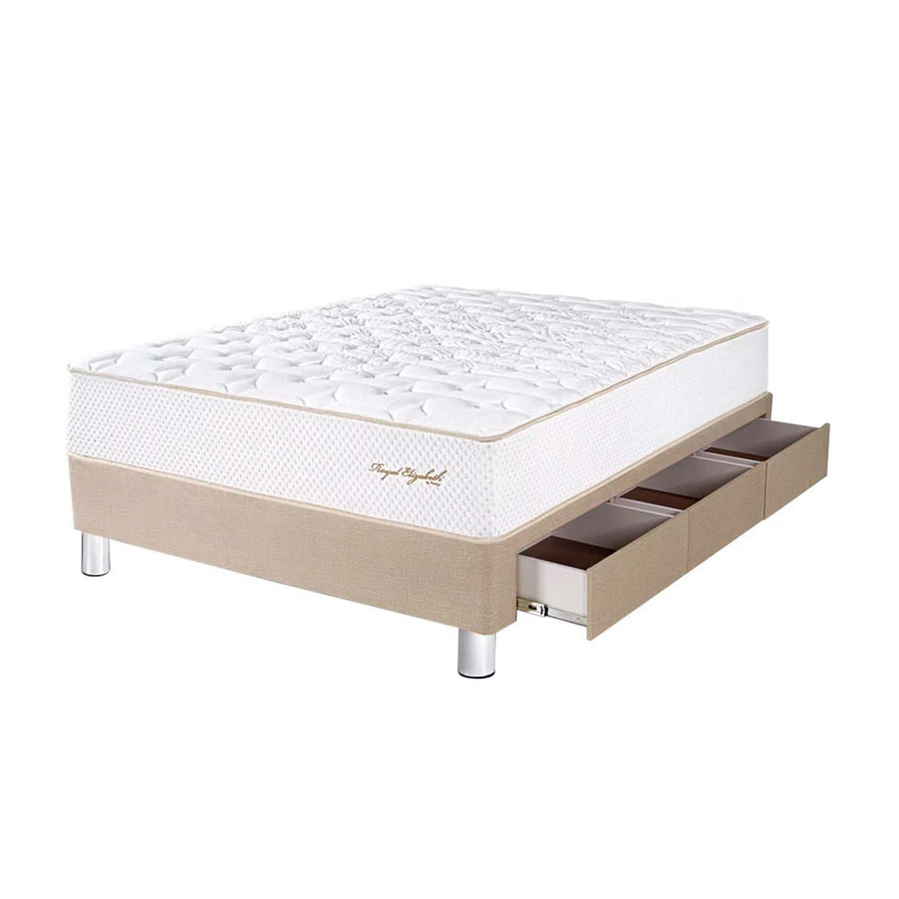 Cama Box Tarima 3 Cajones PARAISO Royal Elizabeth Champagne 1.5 Plz +1 Almohada Viscoelástica + Protector
