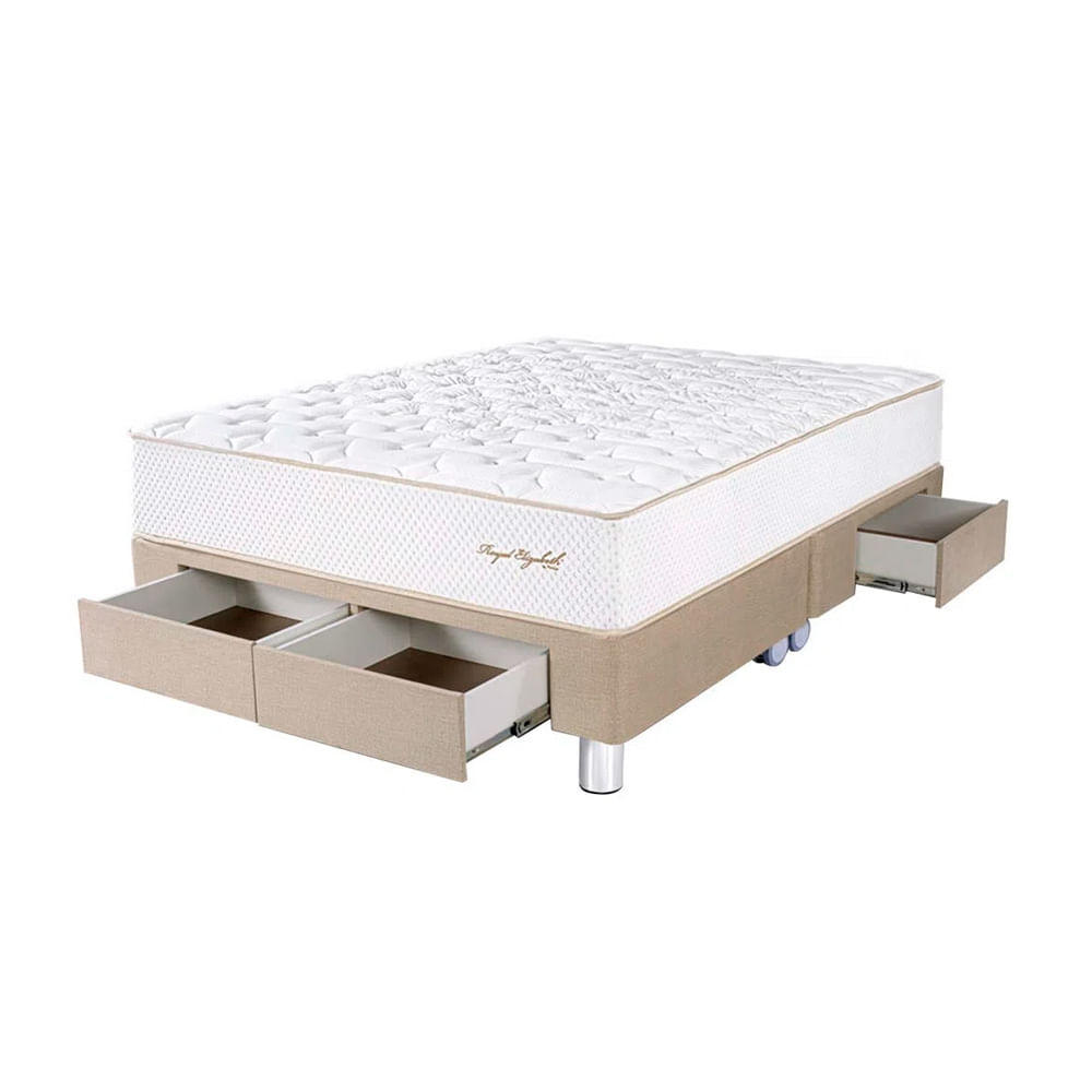 Cama Box Tarima 4 Cajones PARAISO Royal Elizabeth Champagne Queen +2 Almohadas Viscoelásticas + Protector