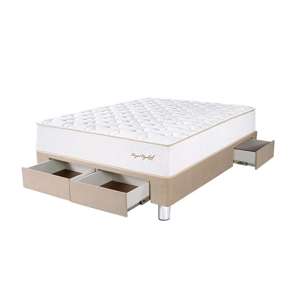 Cama Box Tarima 4 Cajones PARAISO Royal Elizabeth Champagne 2 Plz +2 Almohadas Viscoelásticas + Protector