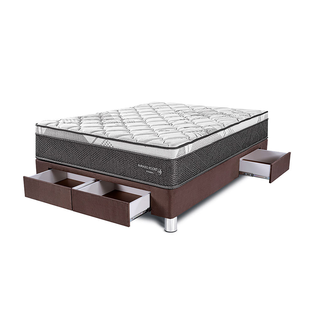 Cama Box Tarima 4 Cajones PARAISO Pocket Star Chocolate 2 Plz + 1 Almohadas + Protector