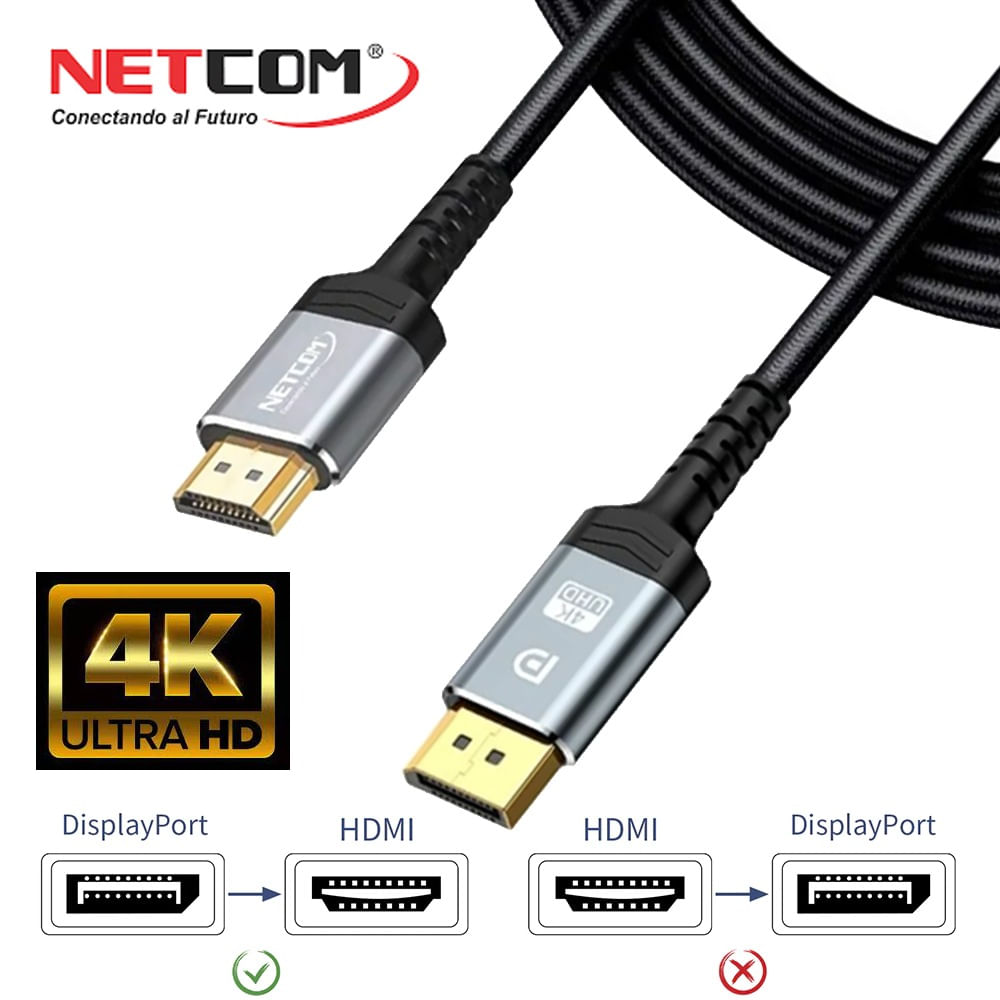 Cable Displayport a HDMI Netcom Pvc Macho 1.8 Metros 4k DP a HDMI