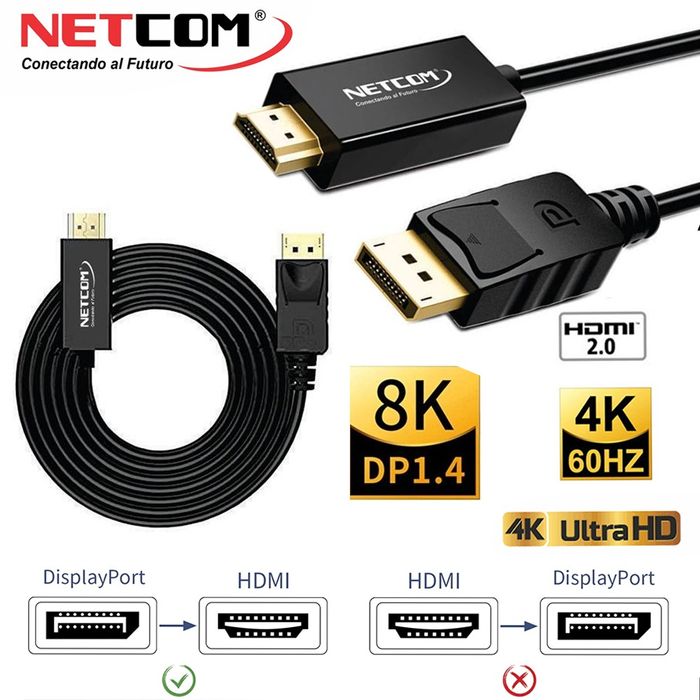 Cable Displayport a HDMI Netcom Pvc Macho Metros 4k DP a HDMI