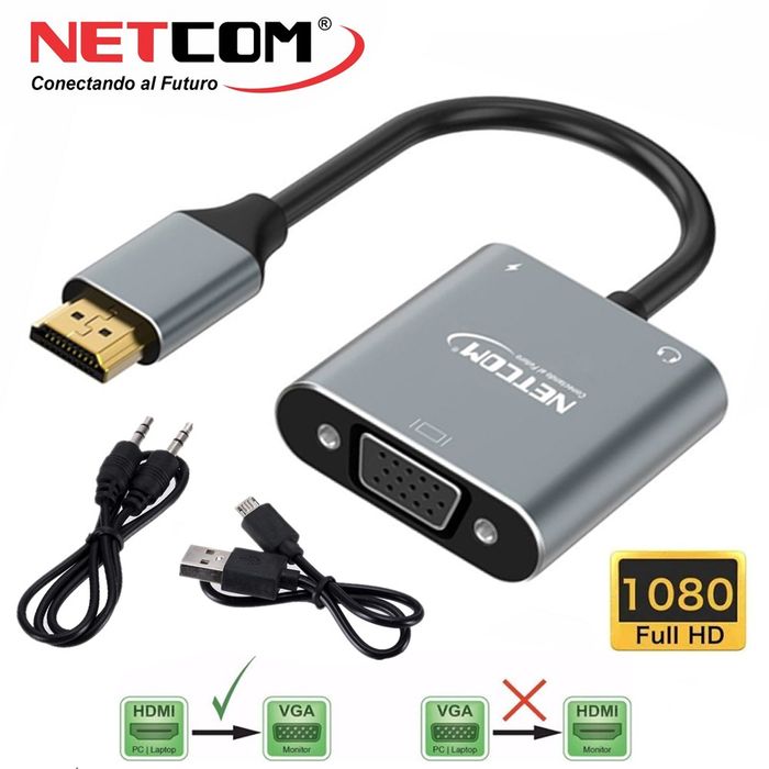 Convertidor HDMI Macho a VGA Hembra Netcom Full HD Audio y Video