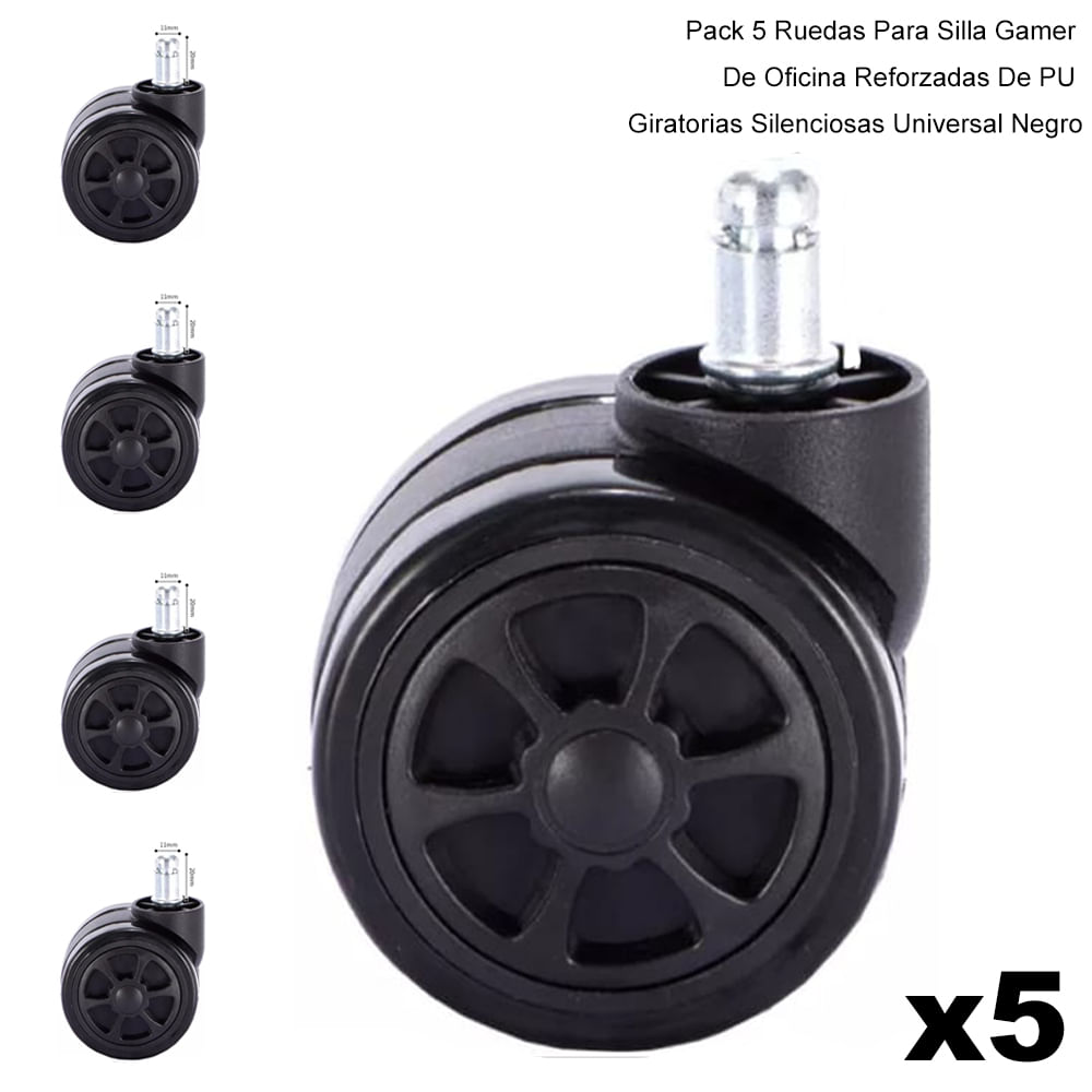Pack 5 Ruedas Para Silla Gamer De Oficina Reforzadas De PU Giratorias Silenciosas Universal Negro