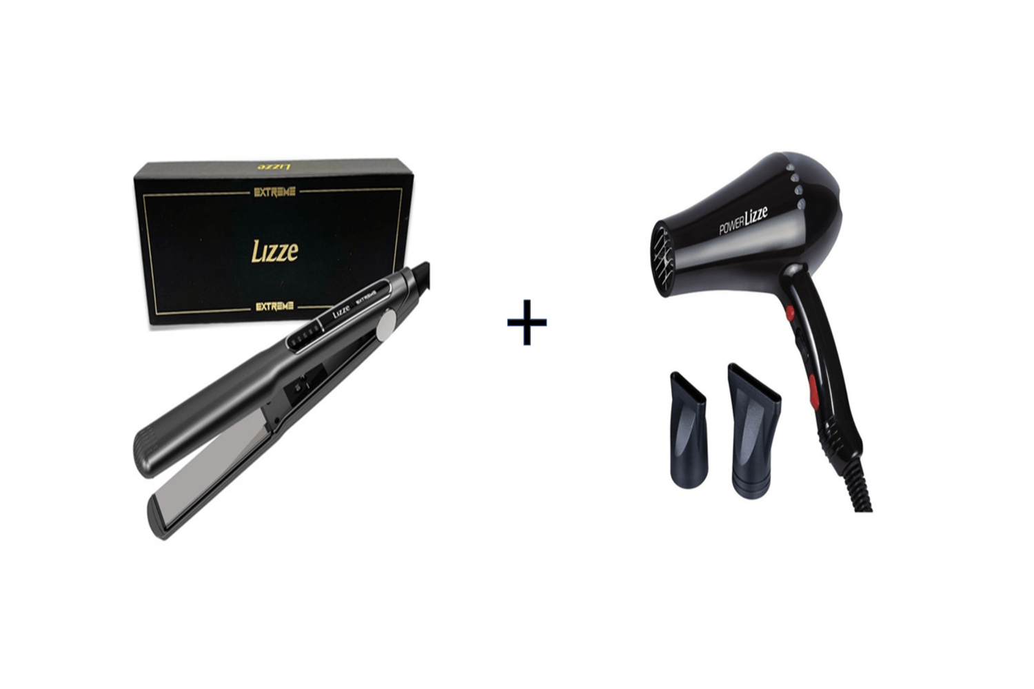 Pack Plancha de Cabello Lizze Extreme 250° C + Secadora de Cabello Profesional Power Negro 2200W