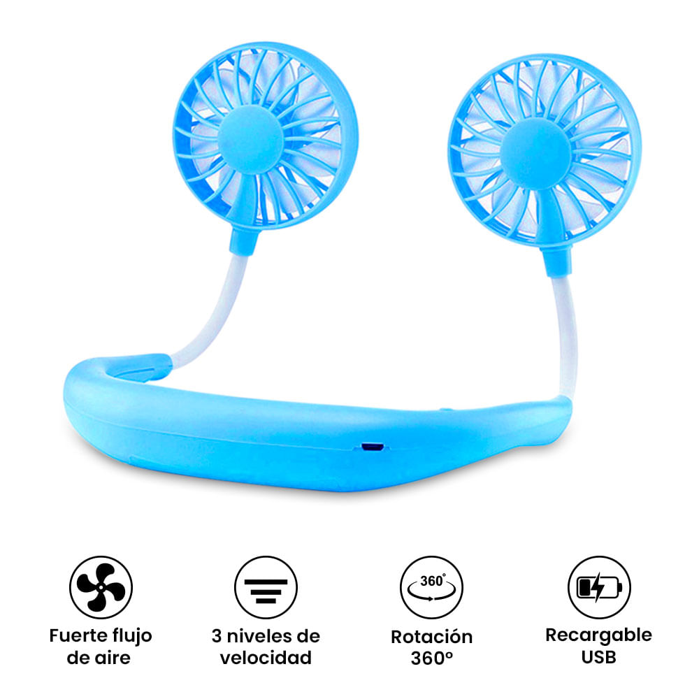 Mini Ventilador Cuello Portátil 3 Niveles Recargable Azul