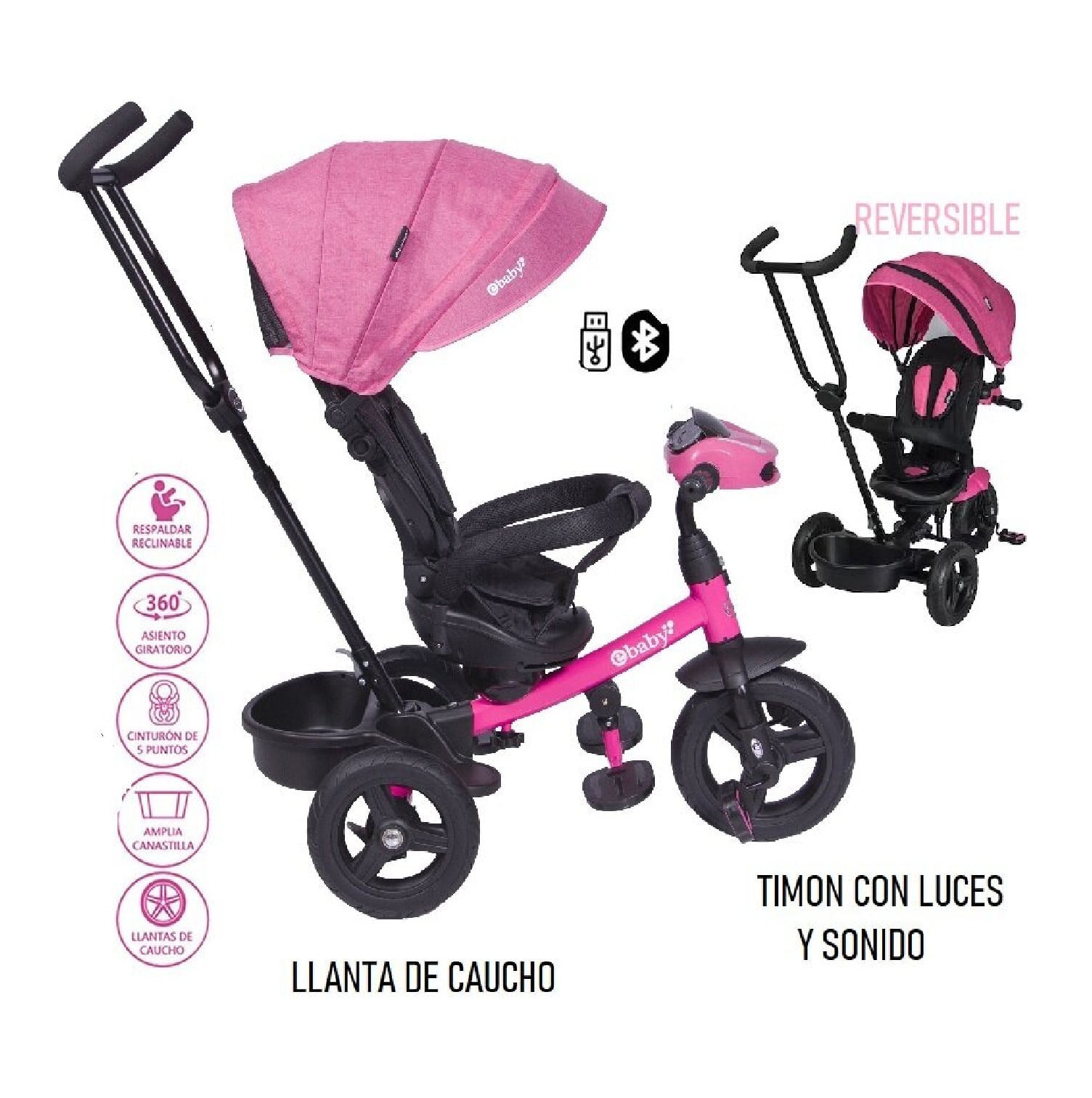 Triciclo Guiador ""ESPIN"" BLUE con USB Rosado