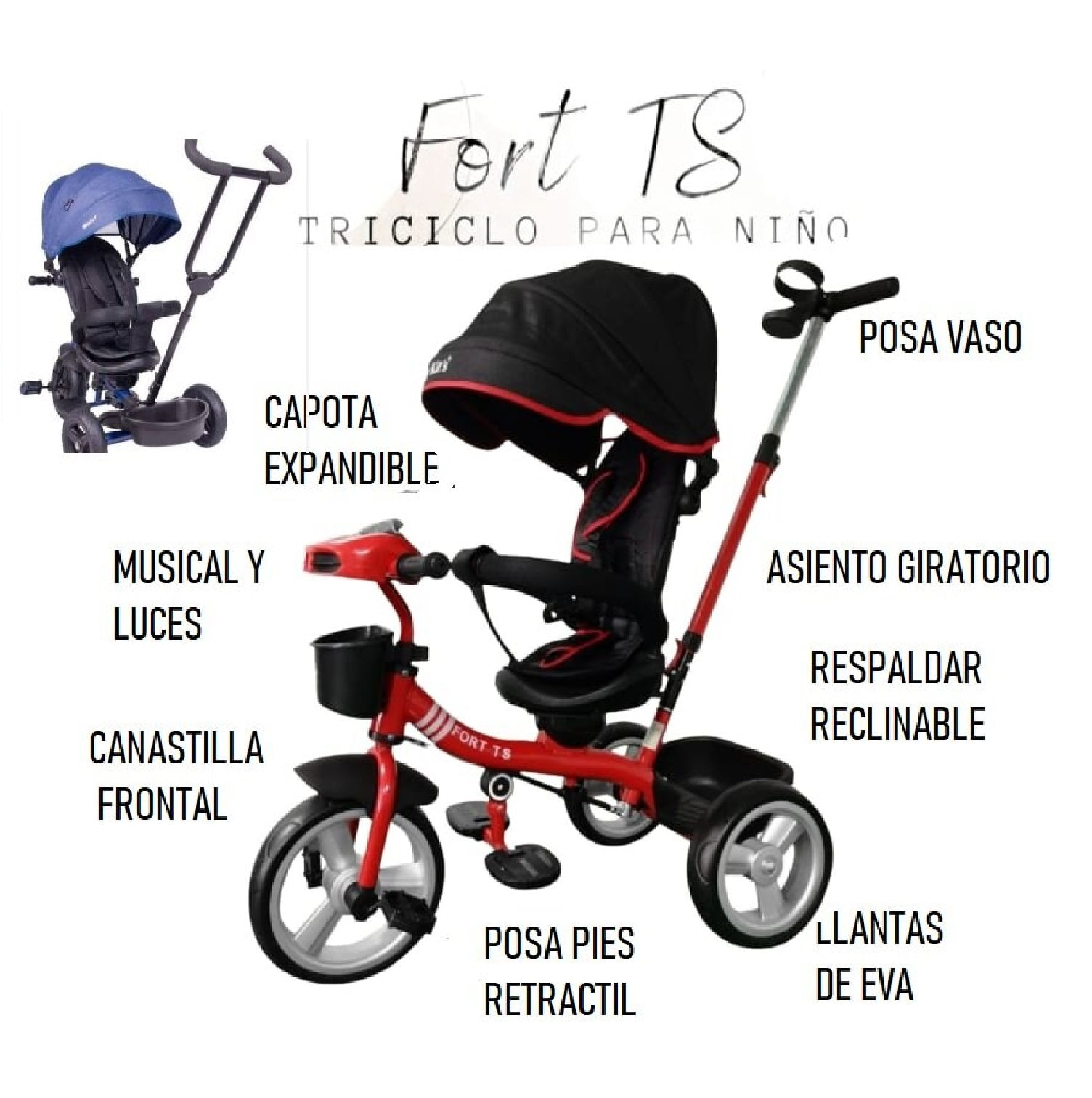 Triciclo Fortts Musical,USB y Reclinable rojo