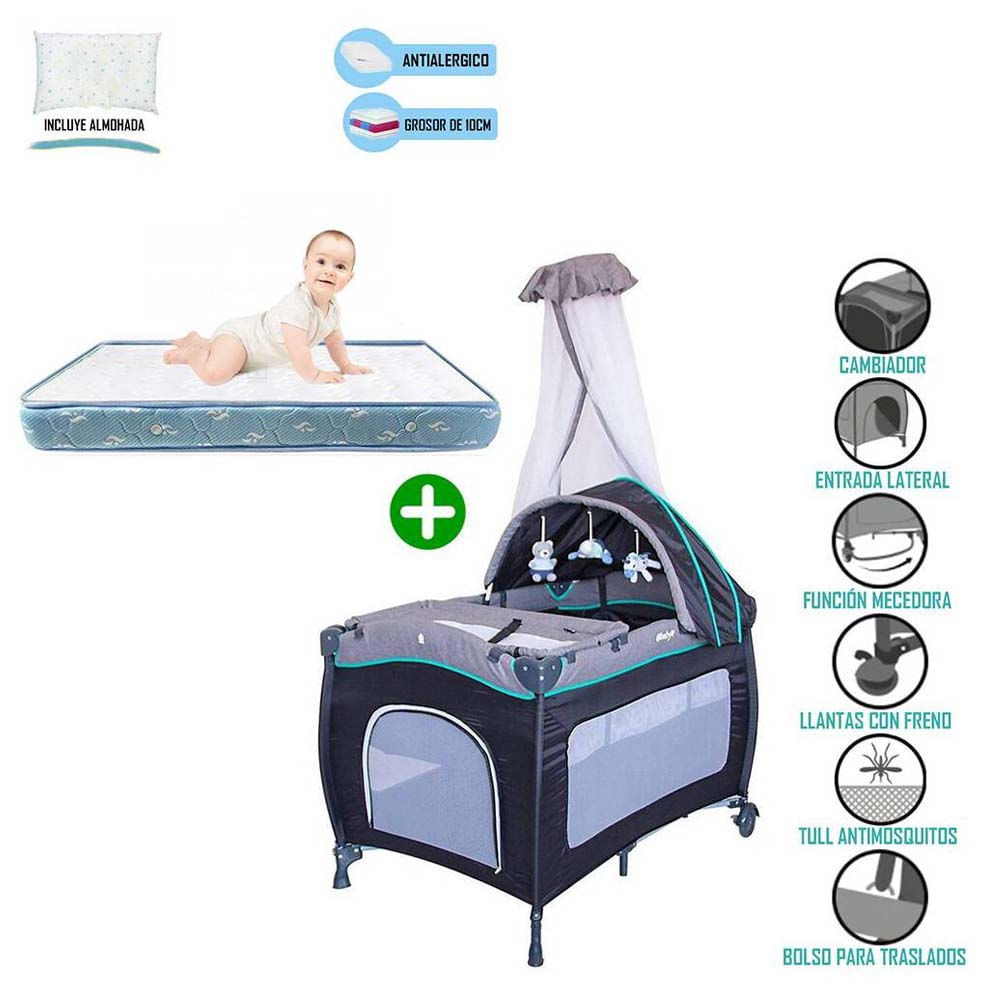 Cuna Corral Mecedora Celeste 716 Ebaby + Colchón Celeste