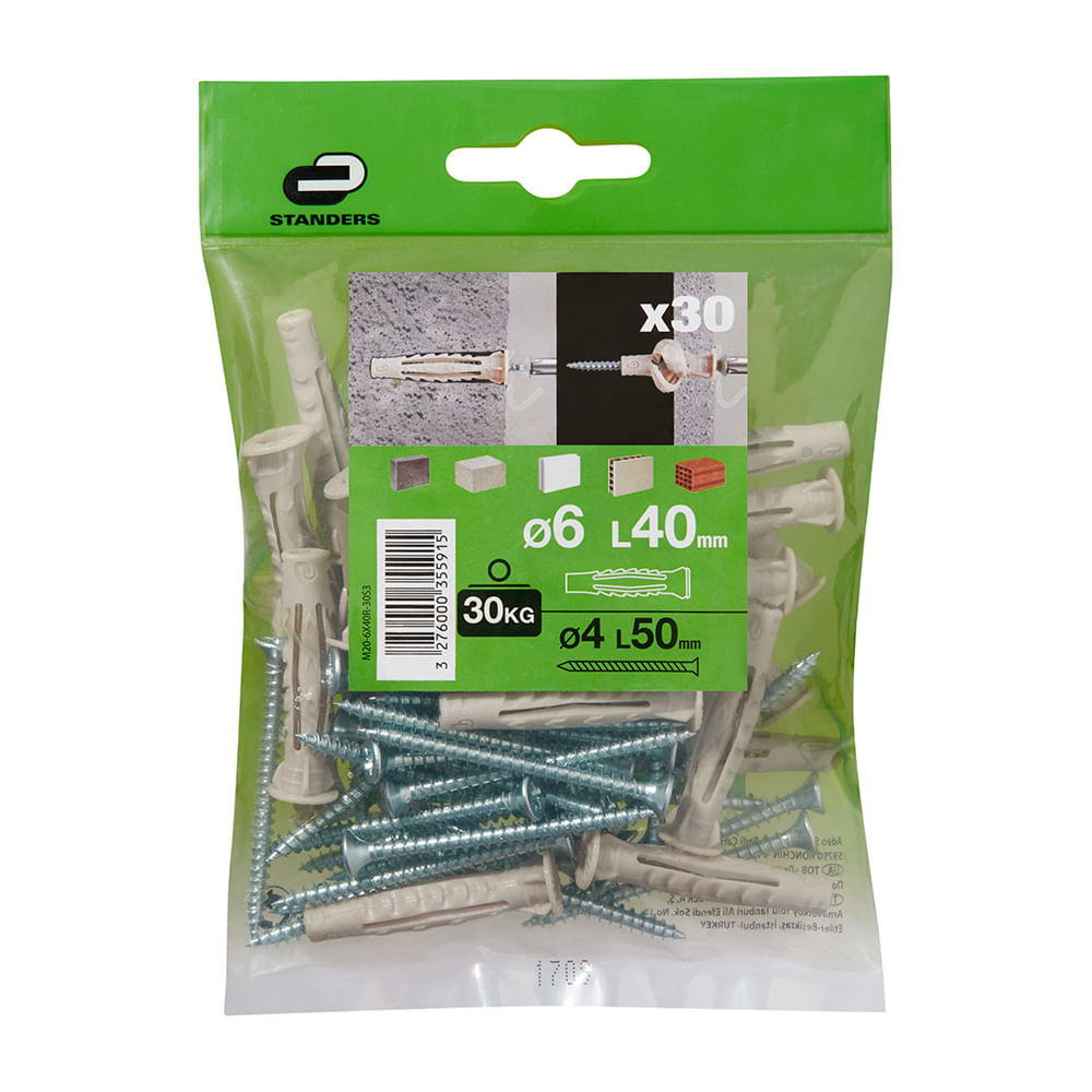 Tornillo + Tarugo 6x40mm x 30 unidades Standers