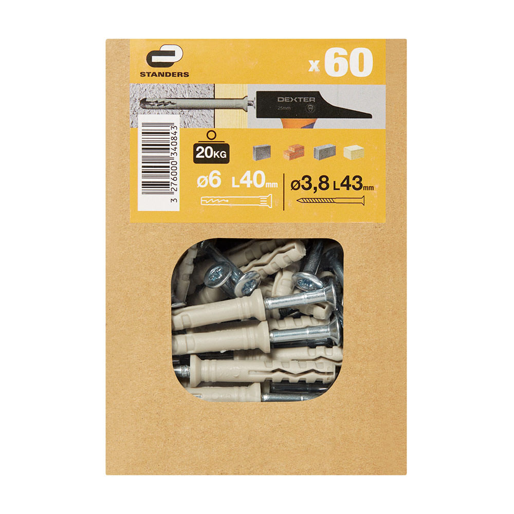 Tornillo + Tarugo 6x40mm x 60 unidades Standers