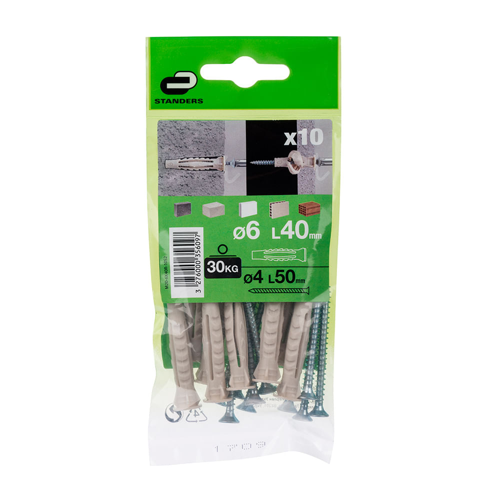 Tornillo + Tarugo 6x40mm x 10 unidades Standers