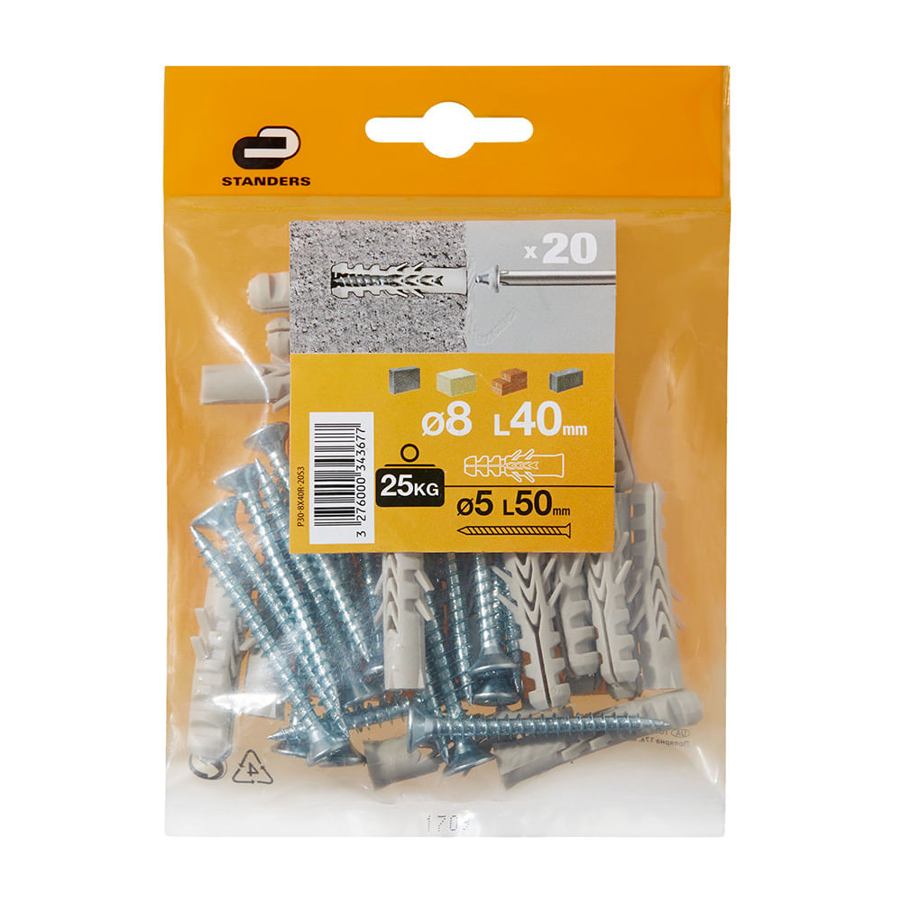 Tornillo + Tarugo 8x40mm x 20 unidades Standers