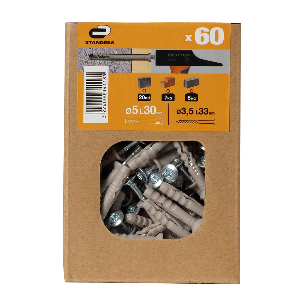 Tornillo + Tarugo 5x30mm x 60 unidades Standers
