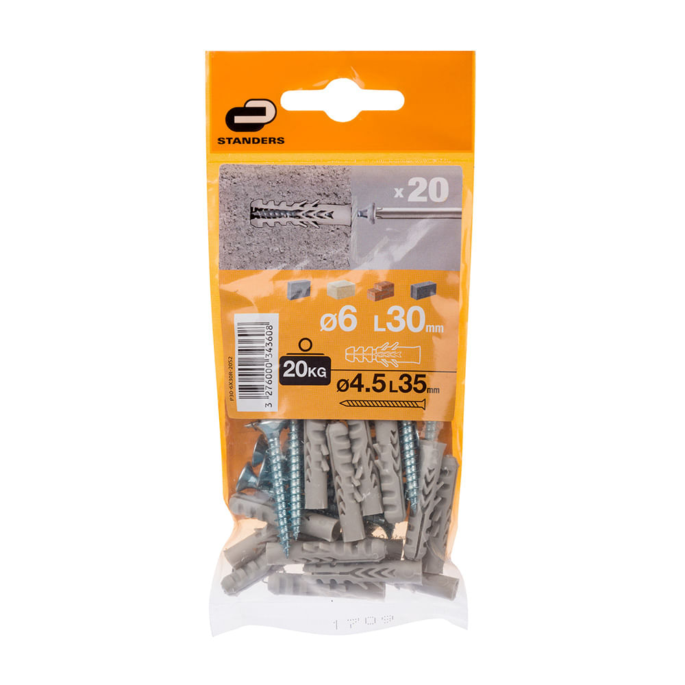 Tornillo + Tarugo 6x30mm x 20 unidades Standers