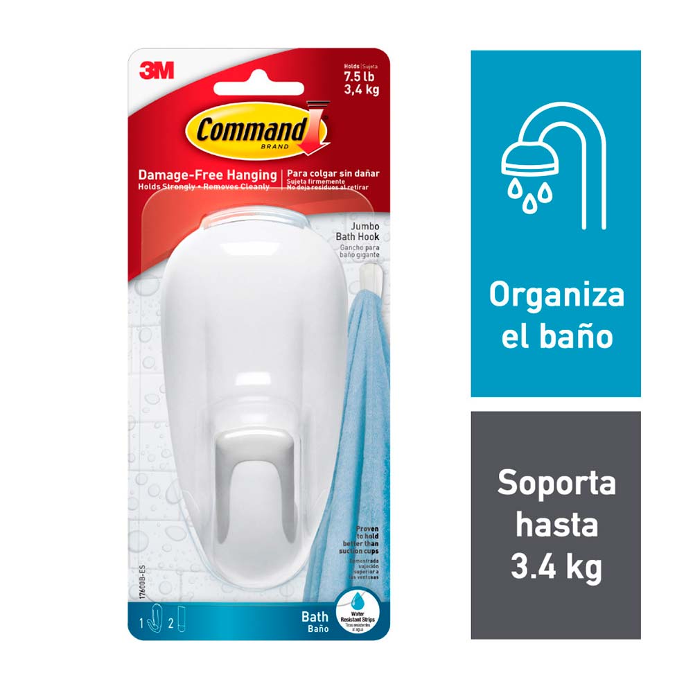 Gancho 3M para Baño con Tiras Impermeables, Grande
