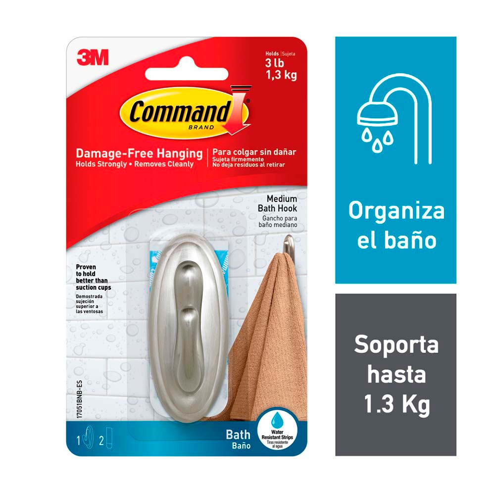Gancho 3M Tradicional para Baño, Mediano, Niquel Pulido