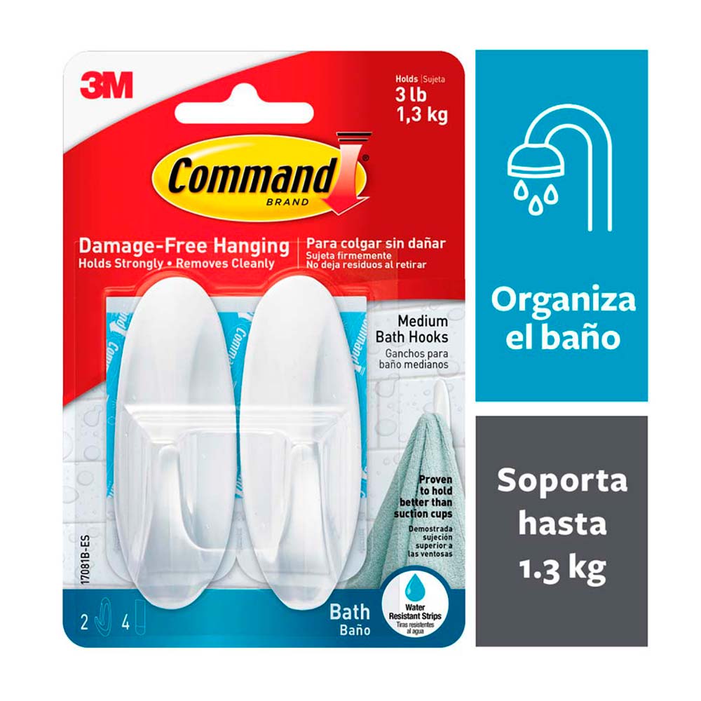 Gancho 3M para Baño con Tiras Impermeables, Medianos