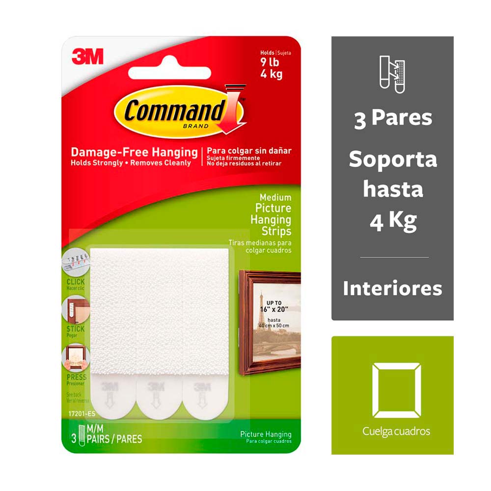 Tiras para Colgar Cuadros, Medianas, Blancas, 3/paquete 3m