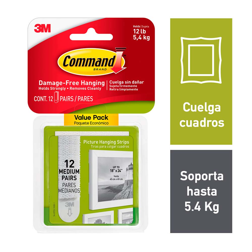 Tiras para Colgar Cuadros 3M Promo-pack, Medianas, Blancas, 12 pares