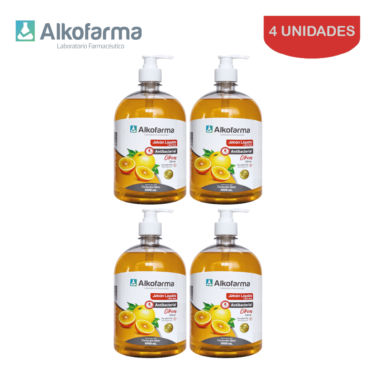 Jabón Líquido Antibacterial Alkofarma Litro Cítricos Pack 4 Unidades