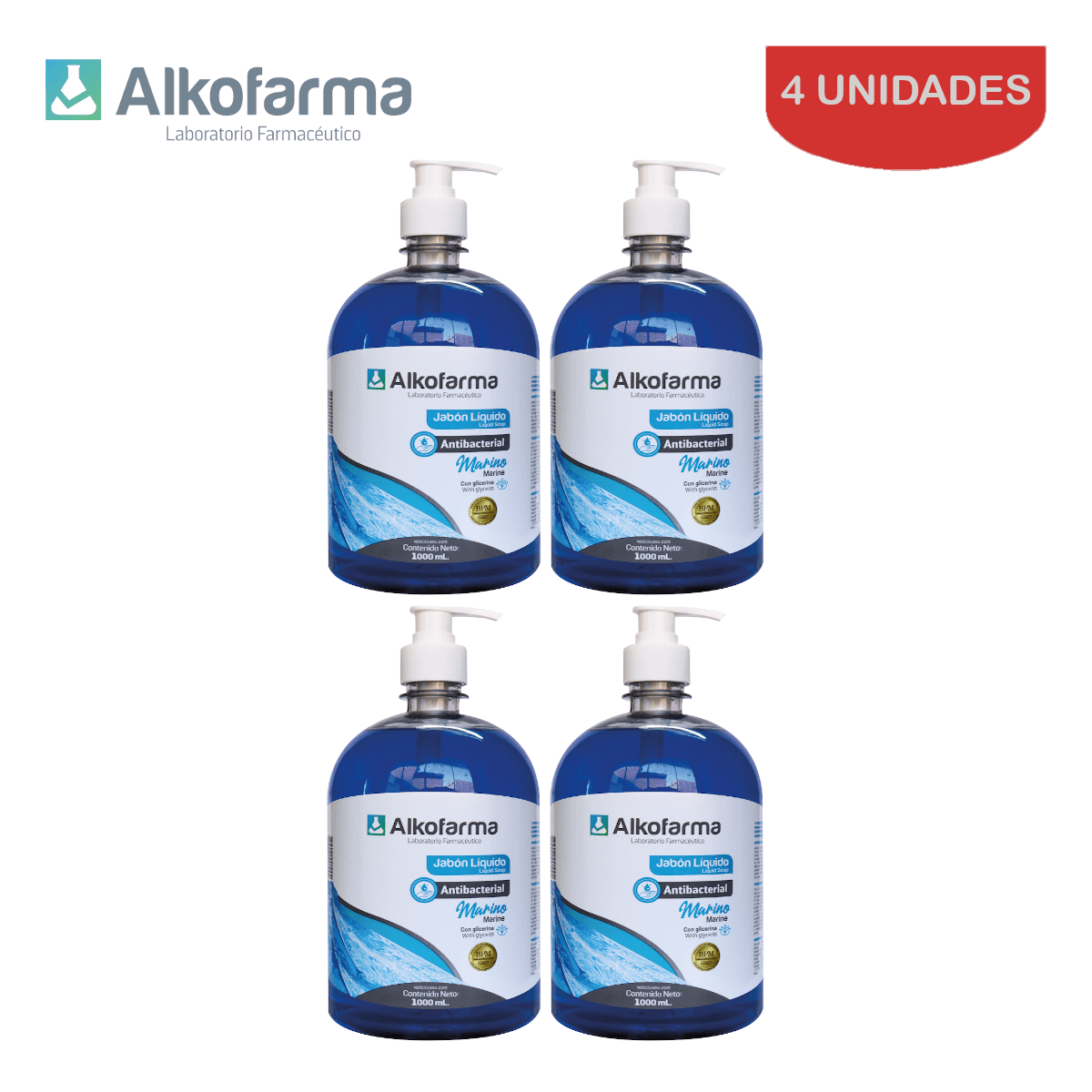 Jabón Líquido Antibacterial Alkofarma Litro Marino Pack 4 Unidades