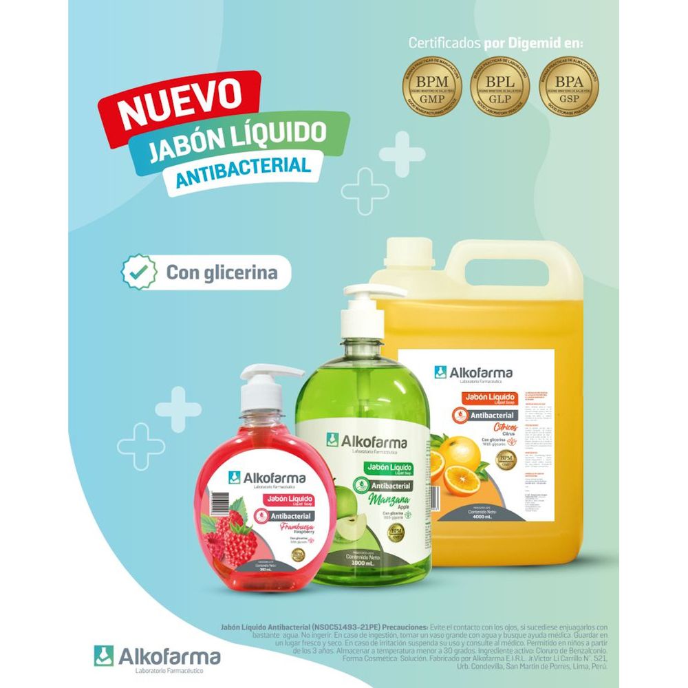 Jabón Líquido Antibacterial Alkofarma Galón 4 Litros Neutro Pack 2 Galoneras Promart 5483