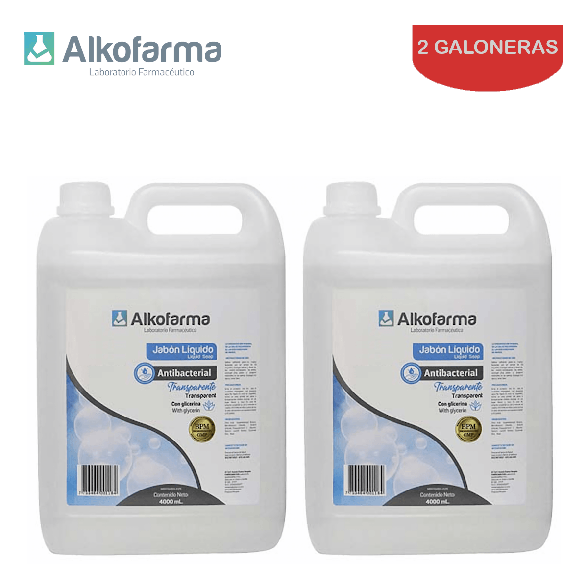 Jabón Líquido Antibacterial Alkofarma Galón 4 litros Neutro Pack 2 galoneras