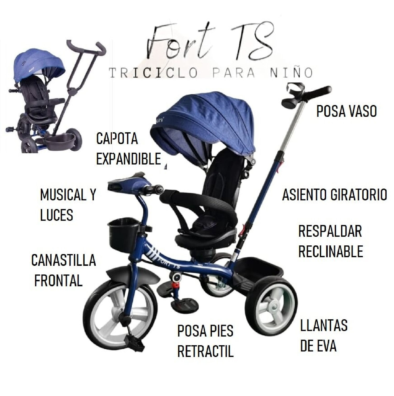 Triciclo Fortts Musical,USB y Reclinable Azul