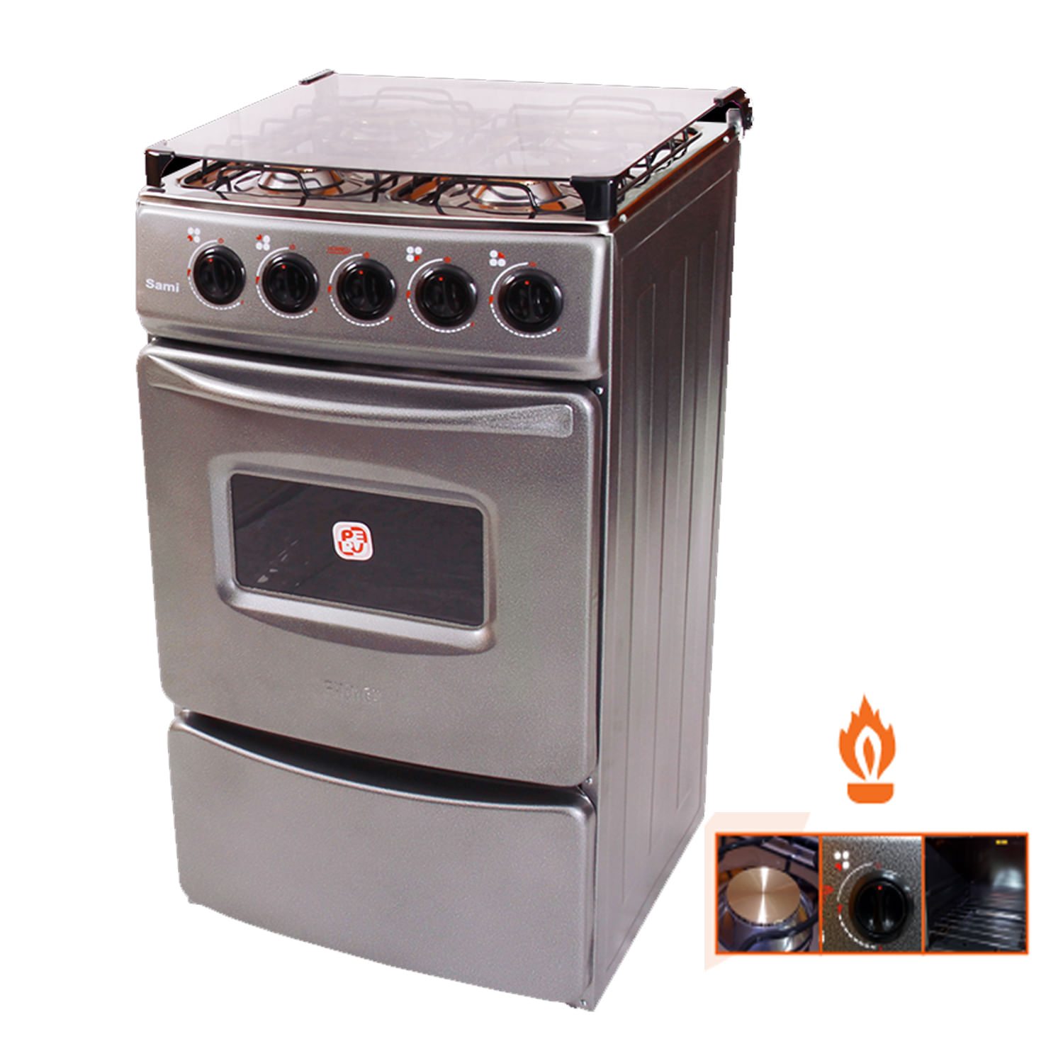 Cocina Fadic Con Tapa de Vidrio y Horno Sami 4H Gris