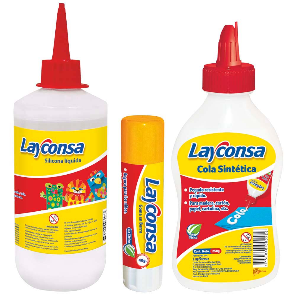 Pack LAYCONSA Silicona Líquida + Cola Sintética + Goma en Barra