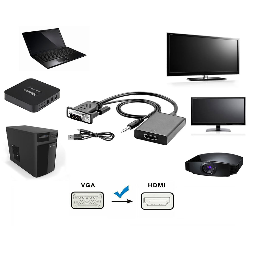 Cable Adaptador VGA a HDMI audio Jack 35mm Convertidor Promart