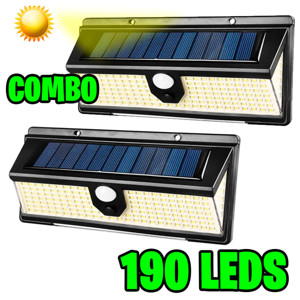 Kit 2 Foco Lampara Solar 190 Led Super Iluminado + 9 Led Azul y Rojo