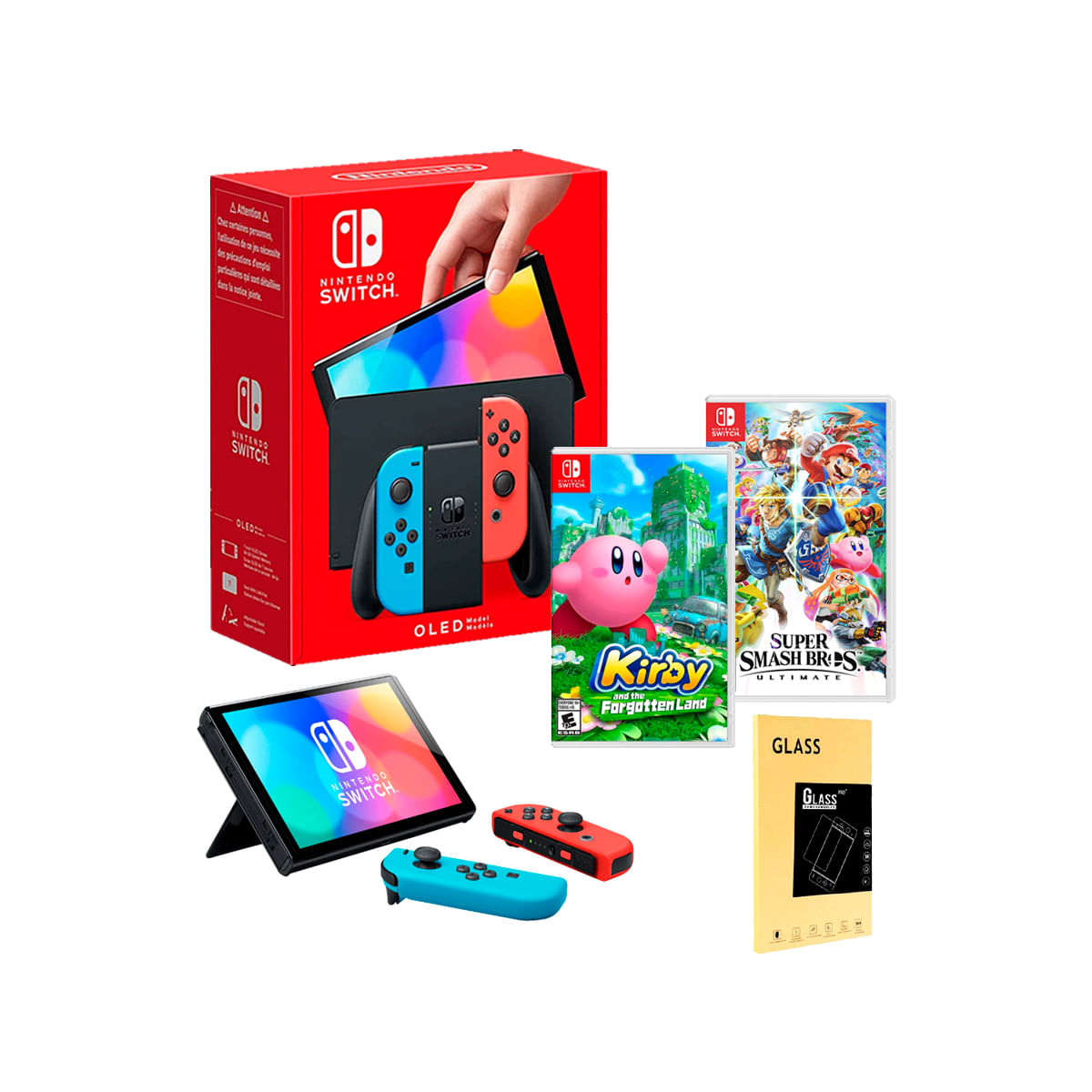 Consola Nintendo Switch Oled Neon + Kirby and the Forgotten Land  + Smash Bros + Mica
