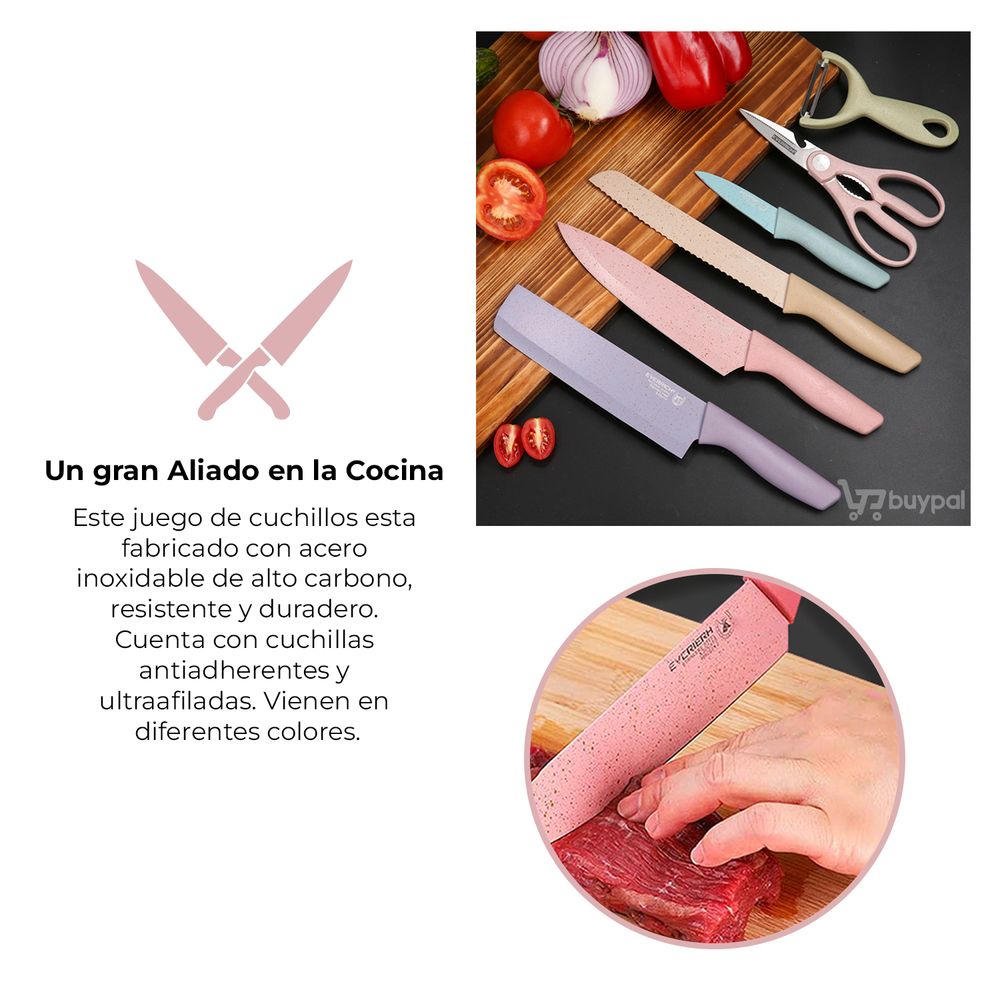 Juego de 6 cuchillos de cocina coloridos con revestimiento antiadherente,  juego de cuchillos de chef en caja para cocinar, acampar, viajes, picnic