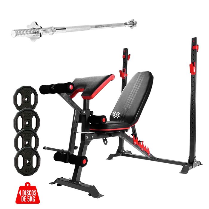 Banca para Pecho, Bicepcs, Piernas con Barra y 20Kg de Discos