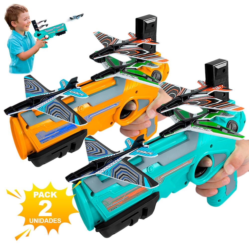 Pack X2 Juguete Pistola Lanza Aviones Grande Turquesa y Naranja