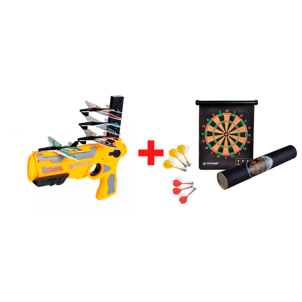 Combo Pistola Lanza Aviones + Juego de Tiro al Blanco Magnético con Dardos
