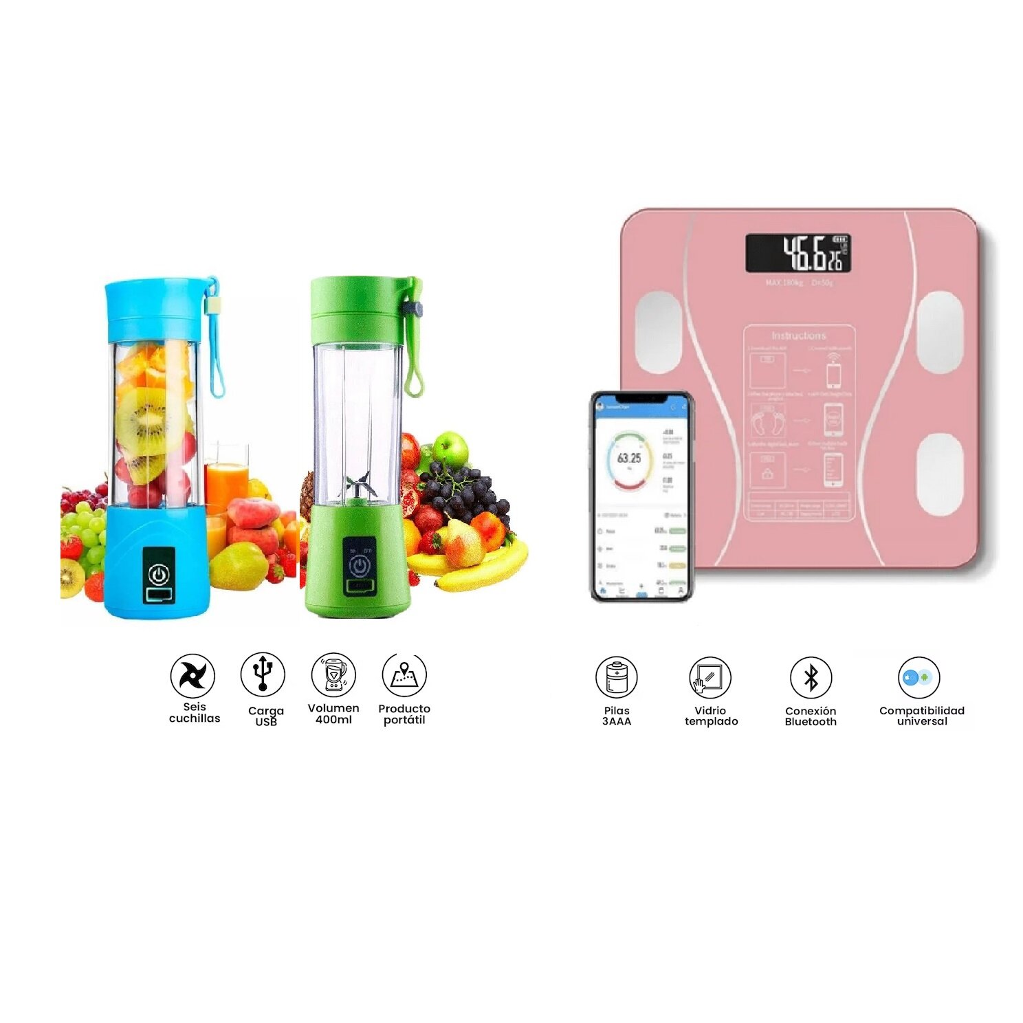 Balanza Inteligente Rosa + Licuadora Portàtil Hombre