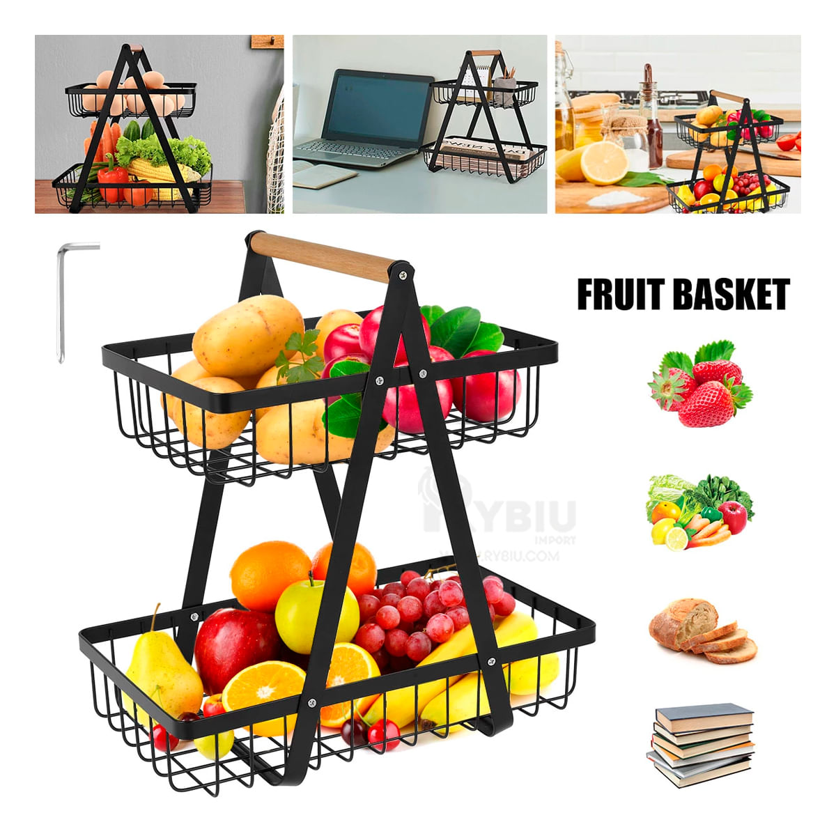 Cesta de Frutas Desmontable 2 Niveles Negro